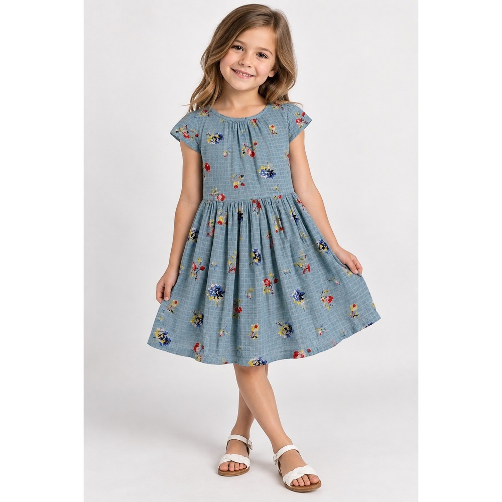 Gap Kids Girls Blue Floral Dobby Cotton Fit Flare Dress Size M 8-9